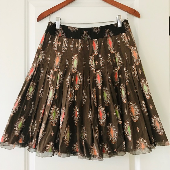Gianni Bini Pin-tucked Pleated Brown & Orange Print Pull-on Skirt w Mesh Hem - Picture 1 of 11